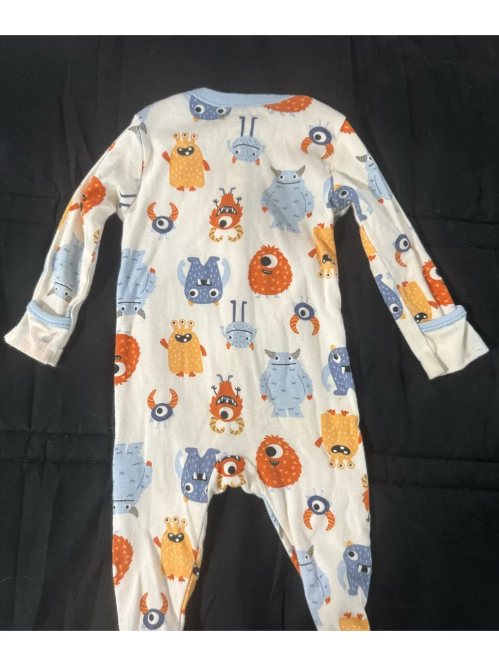 Old Navy White One-Piece Pajamas with Blue and Orange Monster Print - Picture 3 of 4